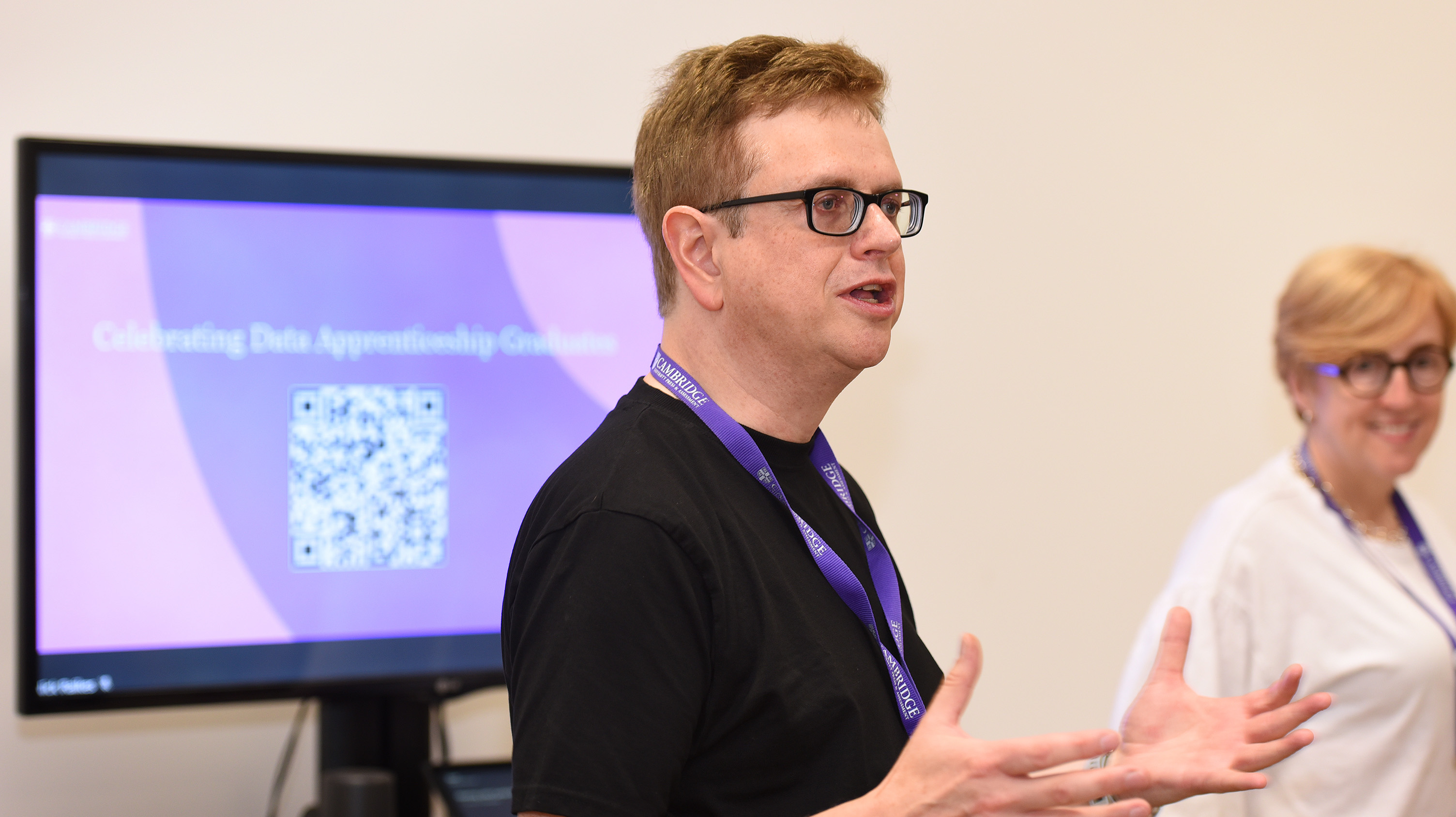 Nick Raikes, sponsor of the data apprenticeship programme, gives a brief speech to the successful data apprentices and their line managers at the data apprentice celebration held at University Printing House in Cambridge. 